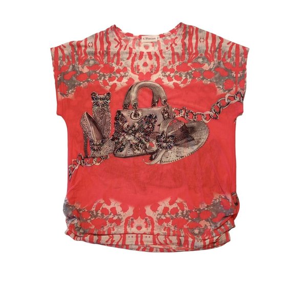 ARONIA Coral Ladies Lined Multicolored Beaded Cap Sleeve Blouse Plus Size 1X - Picture 1 of 3